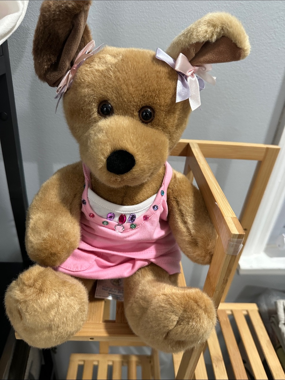 Vintage Build-A-Bear Brown Plush Bear with Pink Dress and Satin Bows
